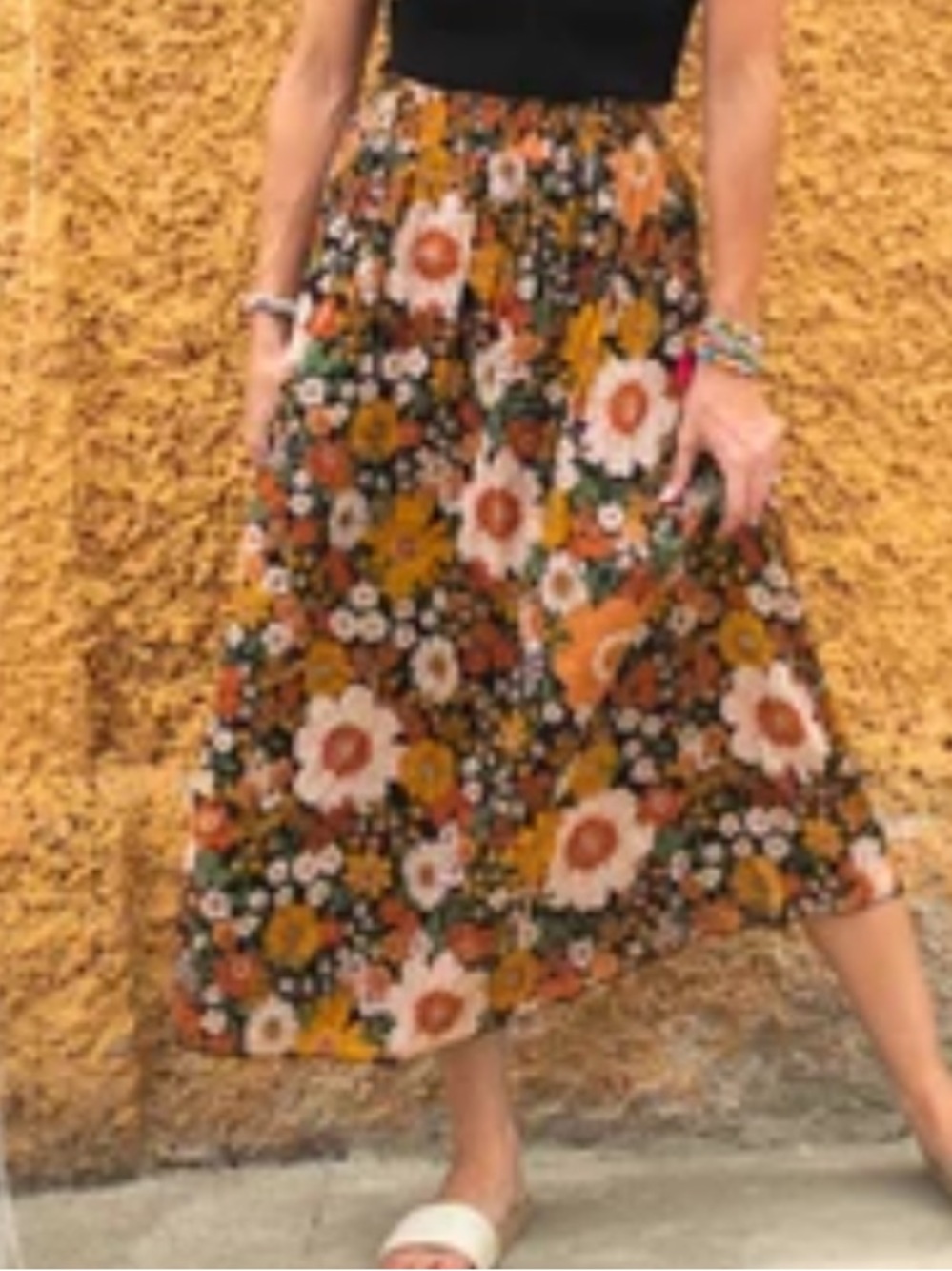 Natural Life Orange Floral Midi Skirt Smocked Waist Cottagecore Boho Fall
